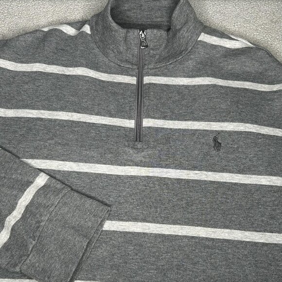 Polo Ralph Lauren Sweater Mens XL Gray Striped Quarter Zip Mock Neck Pullover - Picture 1 of 14